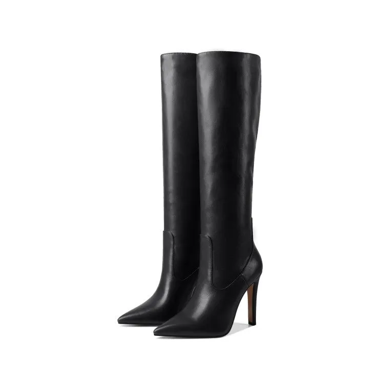 Sexy Leather Point Toe Plain Knee High Boots