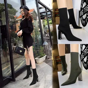 Sexy Point Toe Stretch Lycra High Chunky Heel Calf Boots