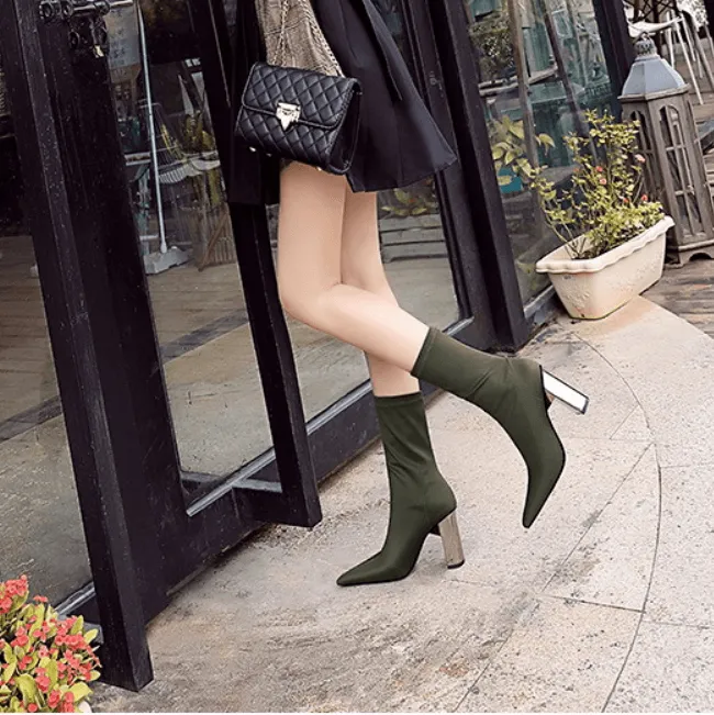 Sexy Point Toe Stretch Lycra High Chunky Heel Calf Boots