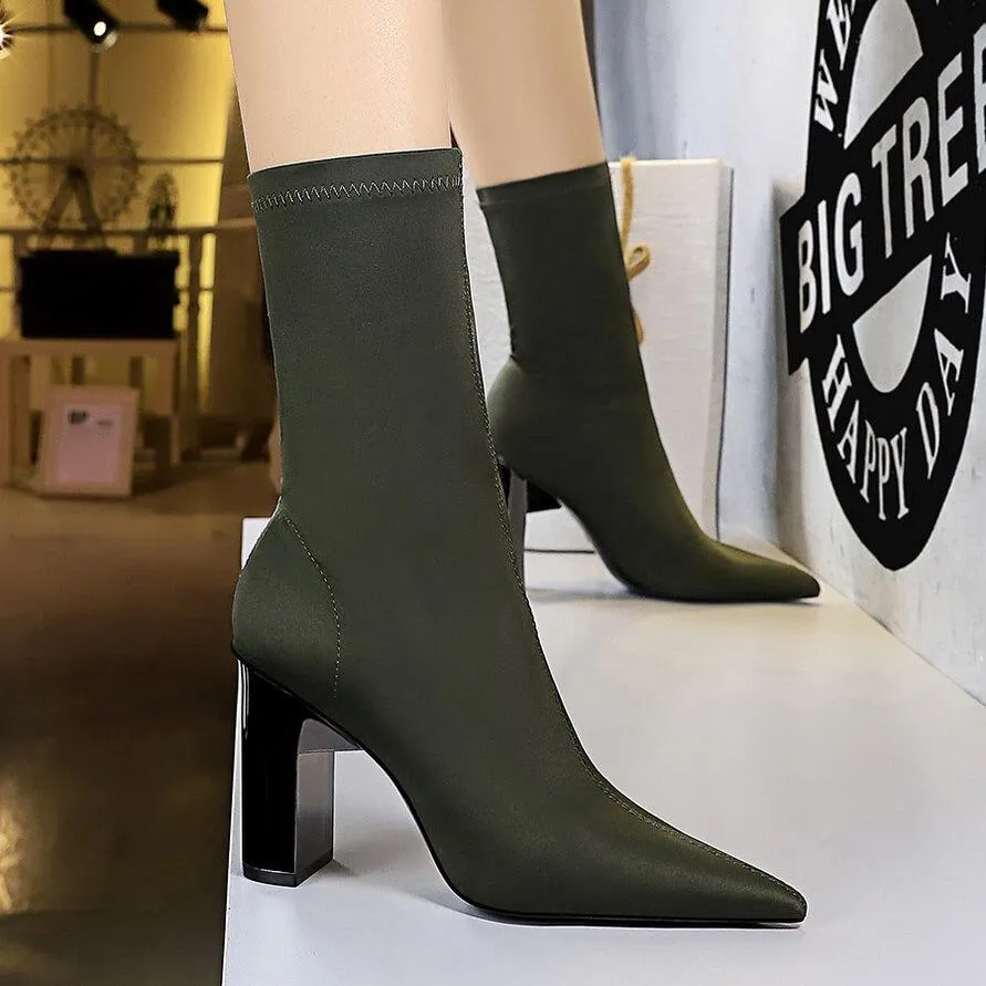 Sexy Point Toe Stretch Lycra High Chunky Heel Calf Boots