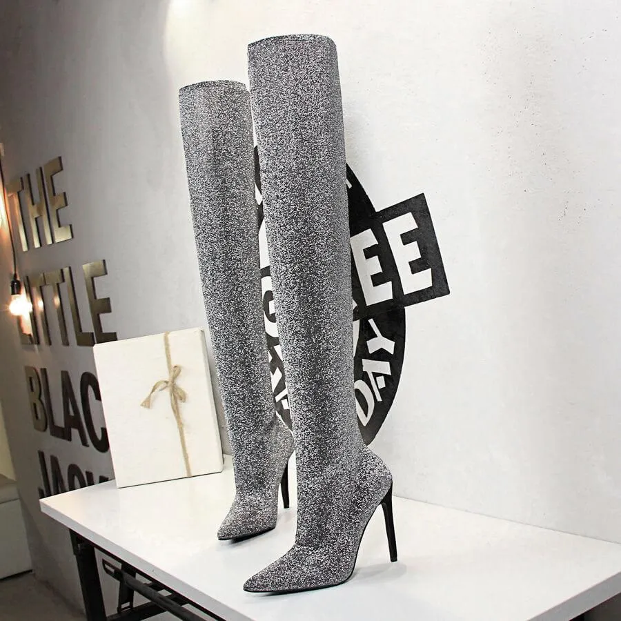 Sexy Sequin Point Toe High Heel Over Knee Boots