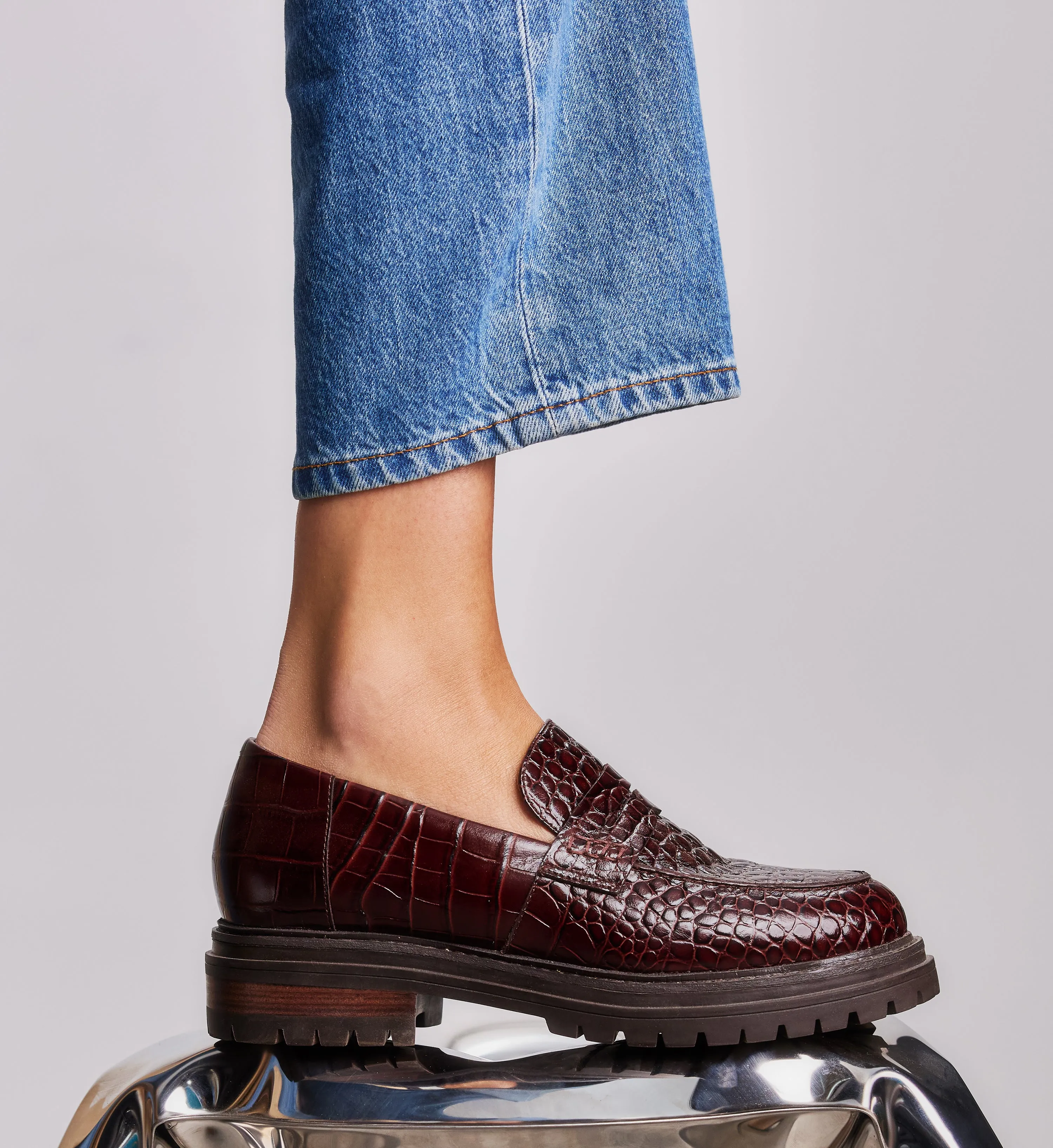 Wedgebill Mahogany Brown Croc Emboss Leather Loafers