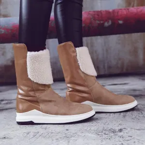 Winter Leather Flat Round Toe Mid Calf Boots