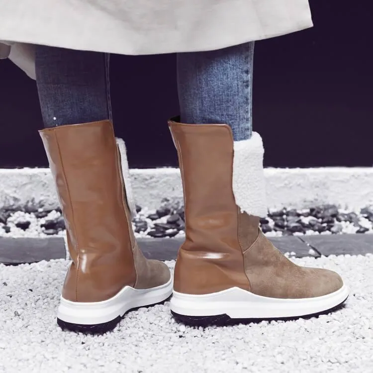 Winter Leather Flat Round Toe Mid Calf Boots