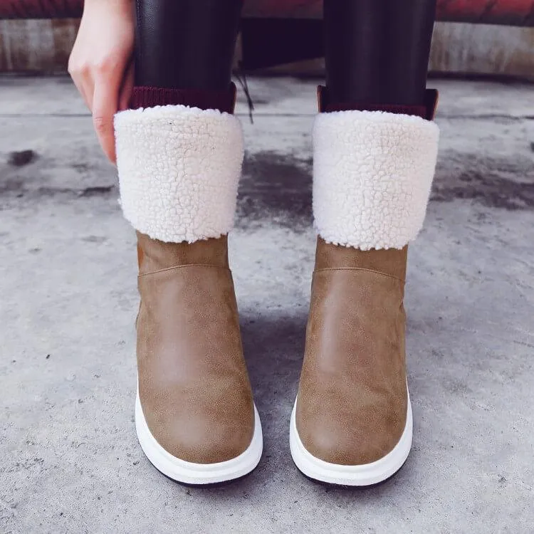 Winter Leather Flat Round Toe Mid Calf Boots