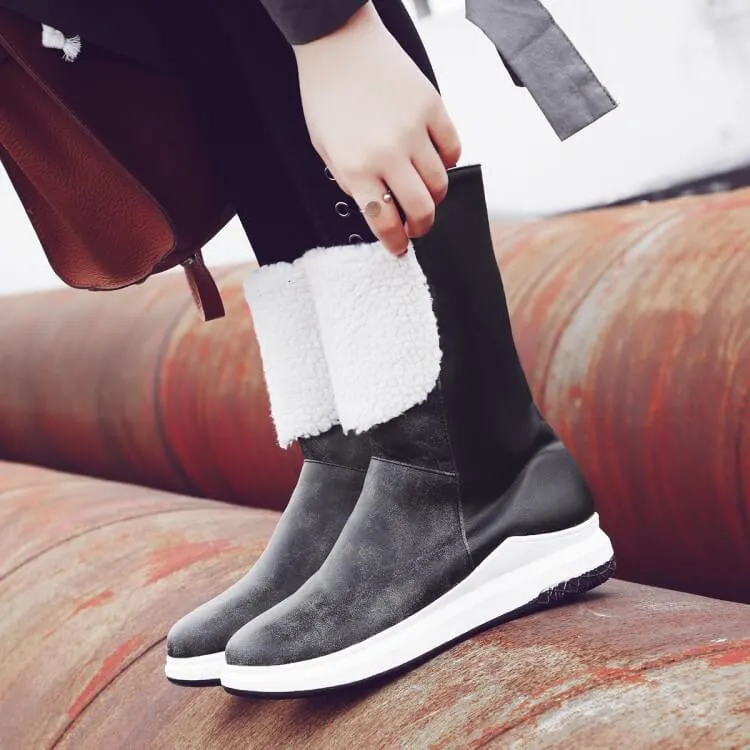 Winter Leather Flat Round Toe Mid Calf Boots