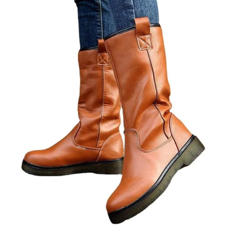Women's brown round toe mid calf boots