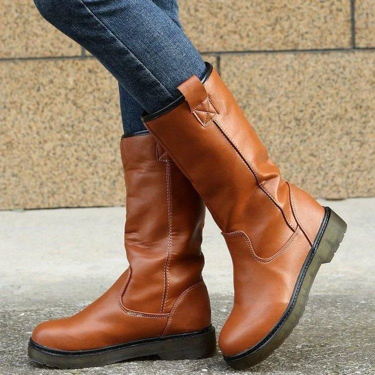 Women's brown round toe mid calf boots