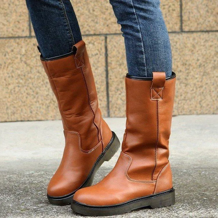 Women's brown round toe mid calf boots
