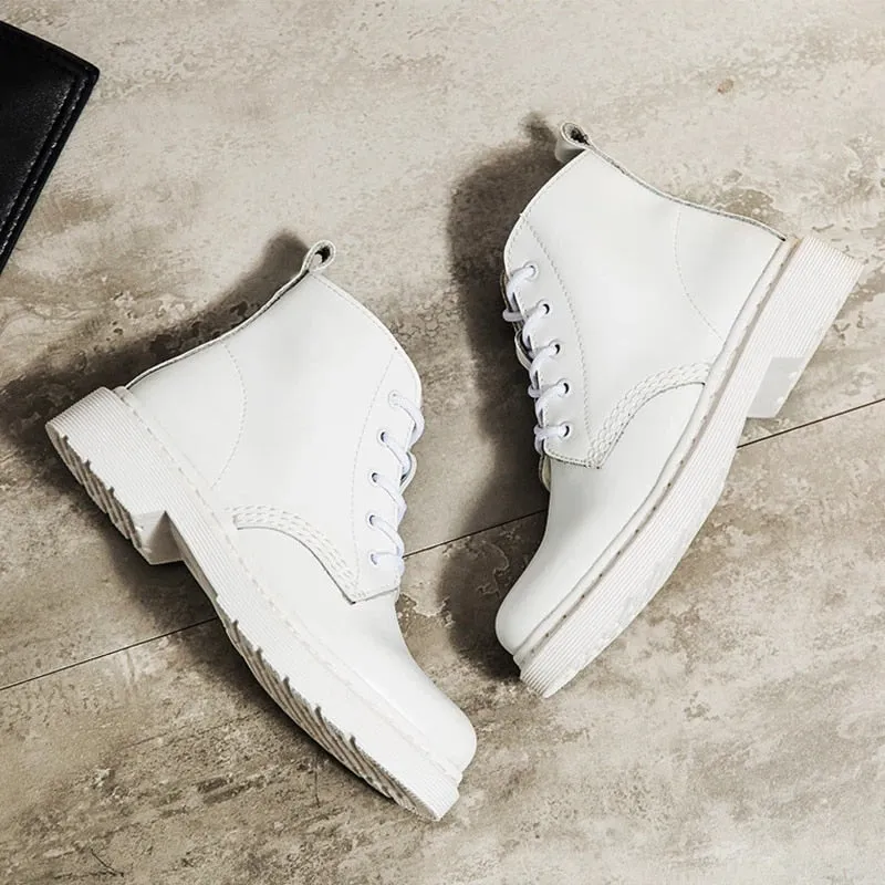 Women's Genuine Leather White Ankle Boots – Motorcycle Boots for Autumn & Winter, Punk Style Botas Mujer
