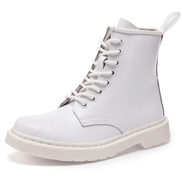 Women's Genuine Leather White Ankle Boots – Motorcycle Boots for Autumn & Winter, Punk Style Botas Mujer