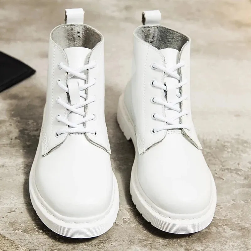 Women's Genuine Leather White Ankle Boots – Motorcycle Boots for Autumn & Winter, Punk Style Botas Mujer