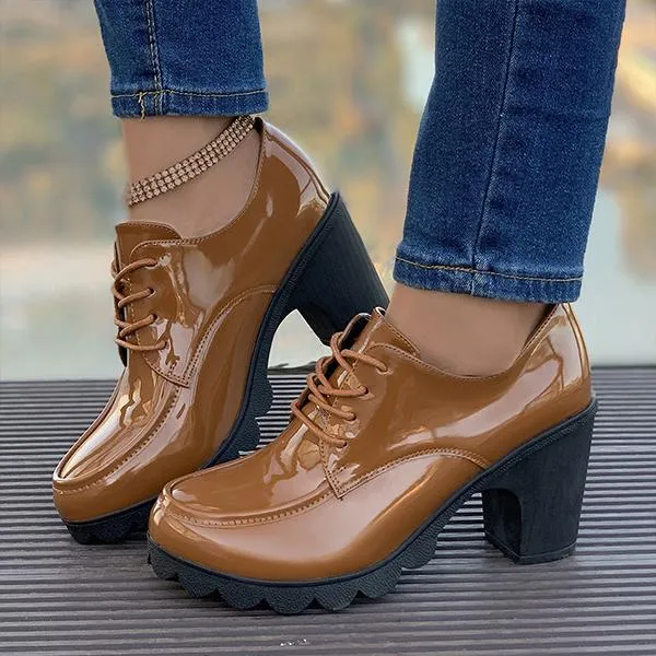 Women's Retro Lace-Up Block Heel Derby Shoes 16100641S
