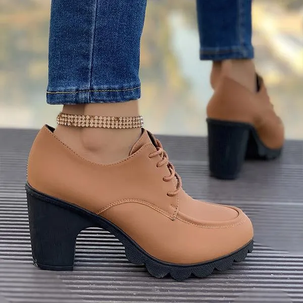 Women's Retro Lace-Up Block Heel Derby Shoes 16100641S
