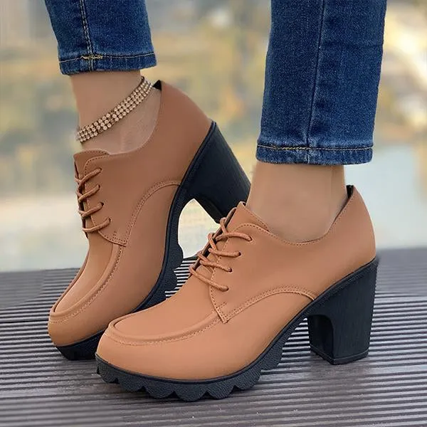 Women's Retro Lace-Up Block Heel Derby Shoes 16100641S