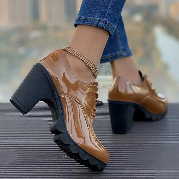 Women's Retro Lace-Up Block Heel Derby Shoes 16100641S