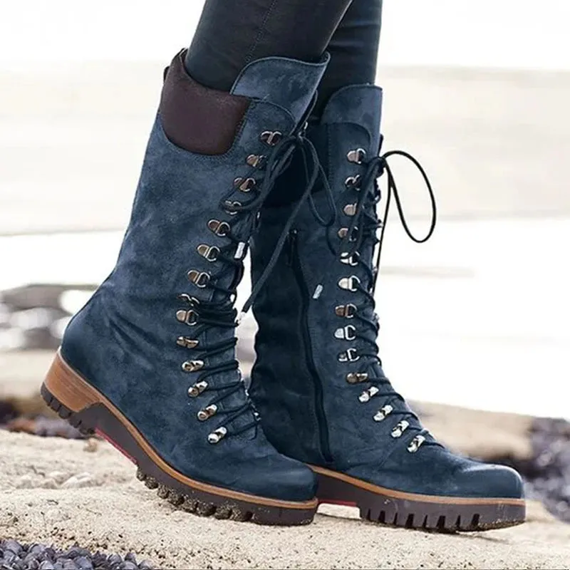 Women's Winter Mid-Calf Boots – Round Toe, Zip Platform, Lace-Up Warm Boots for Women, Comfortable Female Shoes
