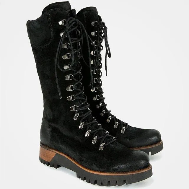 Women's Winter Mid-Calf Boots – Round Toe, Zip Platform, Lace-Up Warm Boots for Women, Comfortable Female Shoes